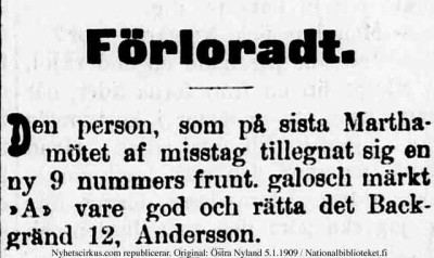 förloradt annons i Östra Finland den 5 jan 1909