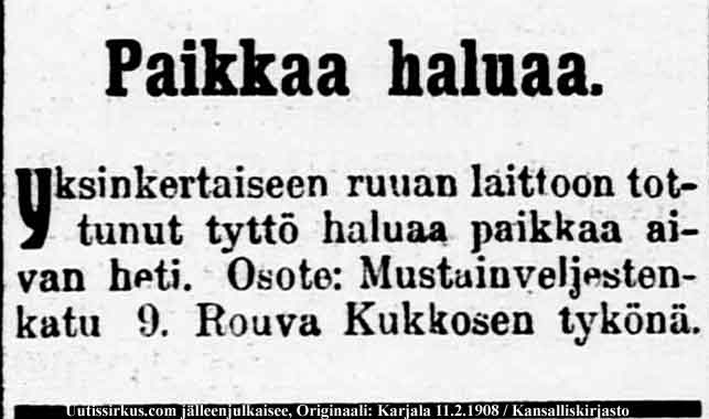 Työnhakuilmoitus Karjala-lehdessä vuonna 1908