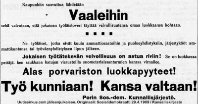 Alas porvariston luokkapyyteet, vaatii vaalien 1909 alla Porin Sos.-dem. kunnallisjärjestö