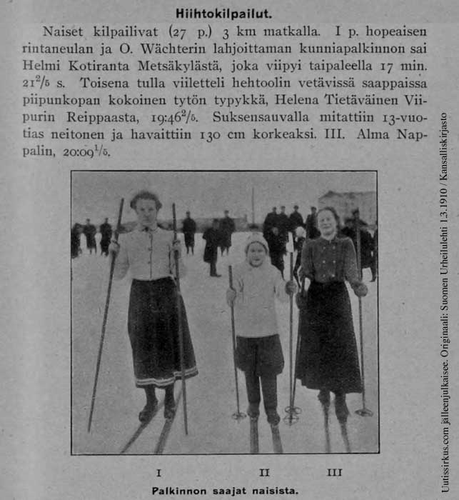 Helmi Kotiranta, Helena Tietäväinen ja Alma Nappalin hiihtivät kilpaa Viipurin kansainvälisissä talviurheilukisoissa