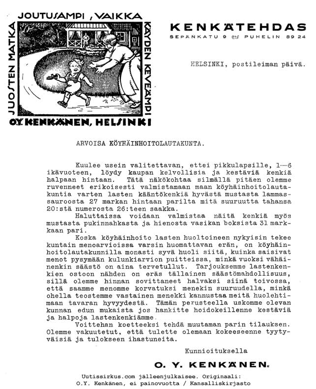 Oy Kenkänen valmistaa edullisesti kenkiä köyhäinhoitolautakunnan ostettavaksi