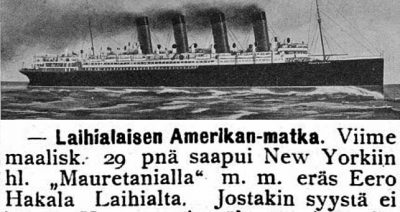 Mauretania-laivan kuva ja juttu laihialaisen Eero Hakalan Amerikan-matkasta