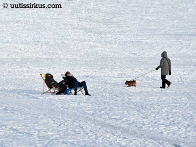 kaksi ihmistä nautiskelee lepotuoleissaan toppatakit yllään meren jäällä, koiranulkoiluttaja menee ohitse