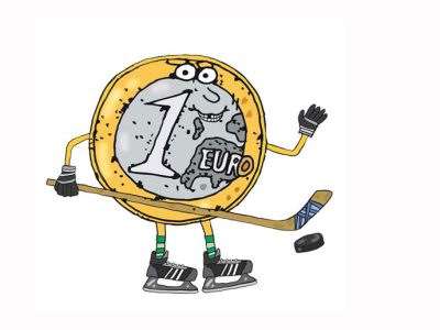 piirros, jossa euron kolikko tyylitelty jääkiekkoilijaksi, joka luistelee jäällä ja kuljettaa kiekkoa