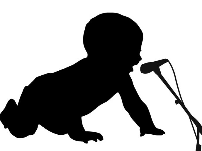 siluettipiirros: vauva konttaa, vauvan suun edessä laulumikrofoni telineessään