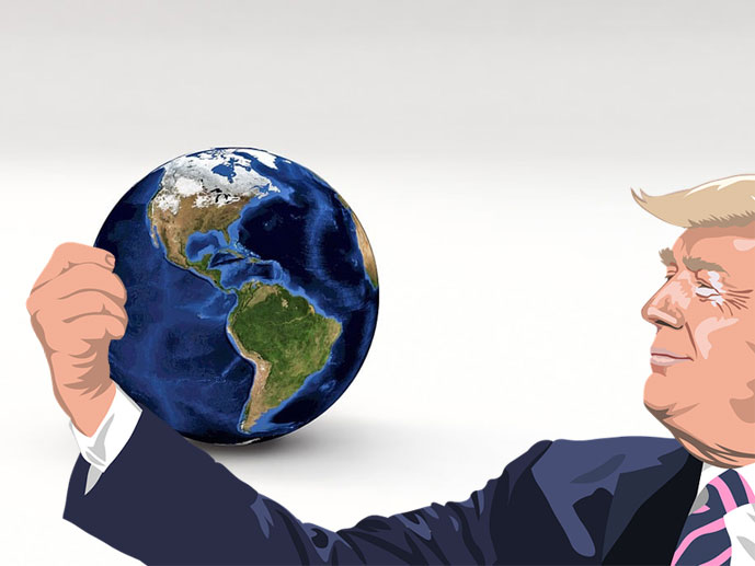 Piirros: Donald Trump puristaa oikeassa kädessään maapalloa