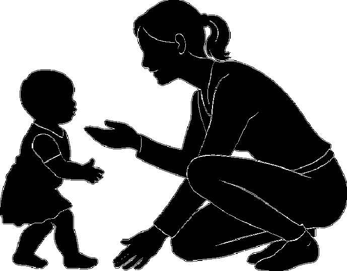 siluettipiirroskuva: poninhäntäinen äiti kyykyssä. selittää taaperolle