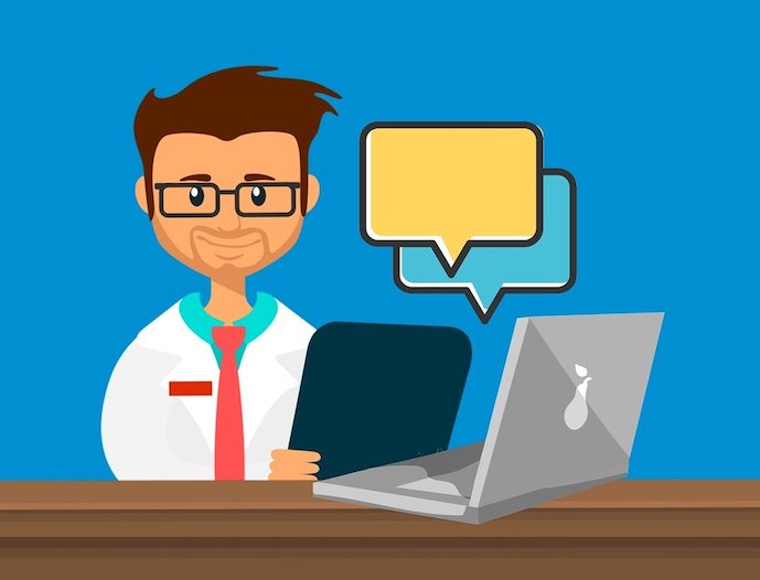 Piirroskuva: silmälasipäinen lääkäri keskustelee läppärin kanssa